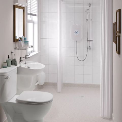 Newly installed walk-in shower with adjustable height showerhead for accessibility.